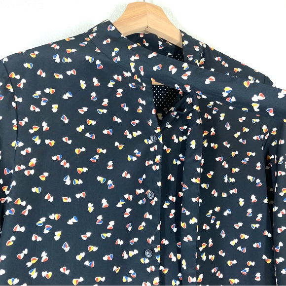 Uniqlo Shirt Long sleeves  Heart Print Tie Neck Blouse Small Black Button Down - Picture 12 of 15